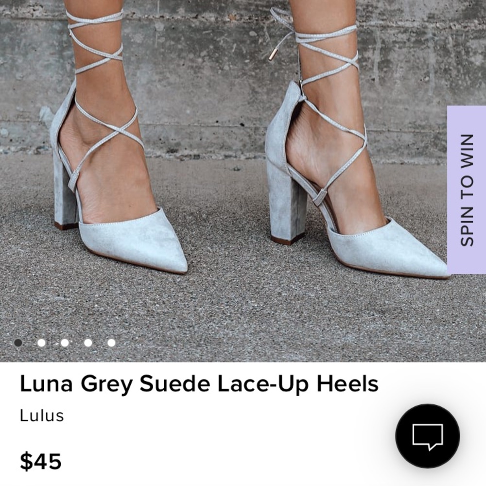 Luna Grey Suede Lace-Up Heels, worn once. Light scuff, shown in photo.